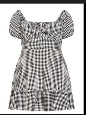 City Chic Black & White Gingham Puff-Sleeve Mini Dress